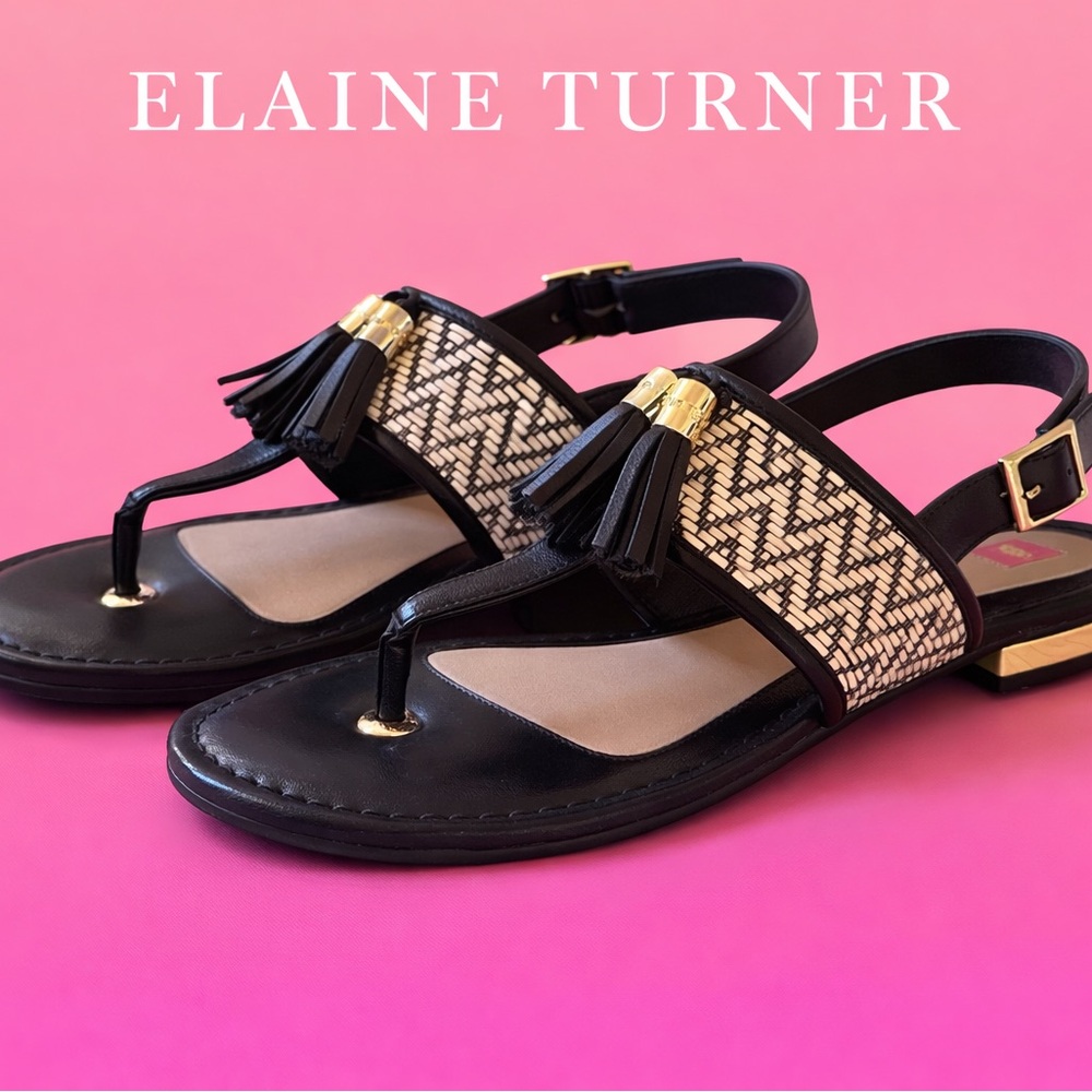 Elaine Turner Black and Beige Tassel Thong Sandals with Gold Accents